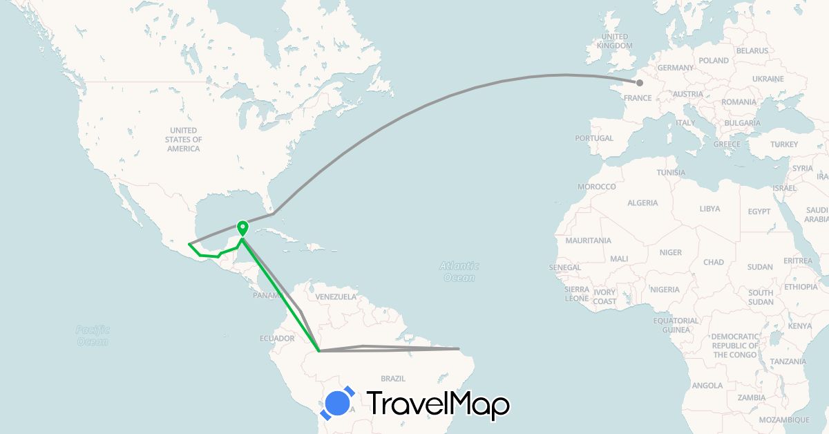 TravelMap itinerary: driving, bus, plane in Brazil, Colombia, France, Mexico, United States (Europe, North America, South America)